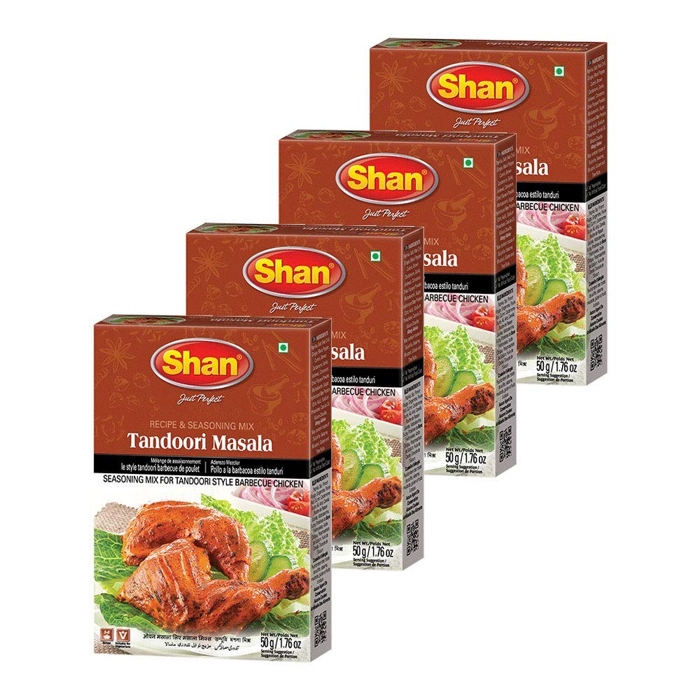 ShanTandoori Recipe and Seasoning Mix 1.76 oz (50g) - Spice Powder for Tandoori Style Barbecue Chicken - Suitable for Vegetarians - Airtight Bag in a Box (Pack of 4)