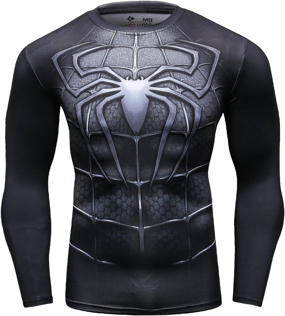 Man's Movie Theme Print American Hero Running Sport Compression T-shirt Exercise Longsleeve Top, XXL, Black