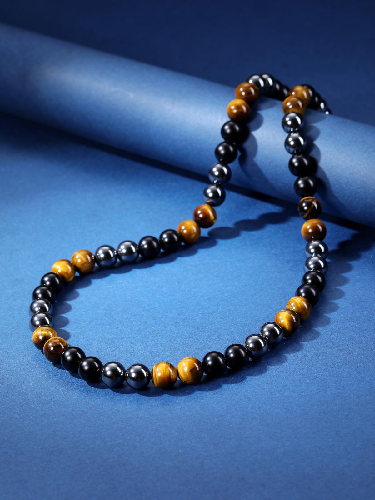 JSDDE Collier Perles en Pierres et Cristaux Naturelles pour Homme Femme Collier Triple Protection en Oeil de Tigre Obsidienne Hématite Pierres Précieuses Bijoux Amulette Cadeau Spirituel Anniversaire