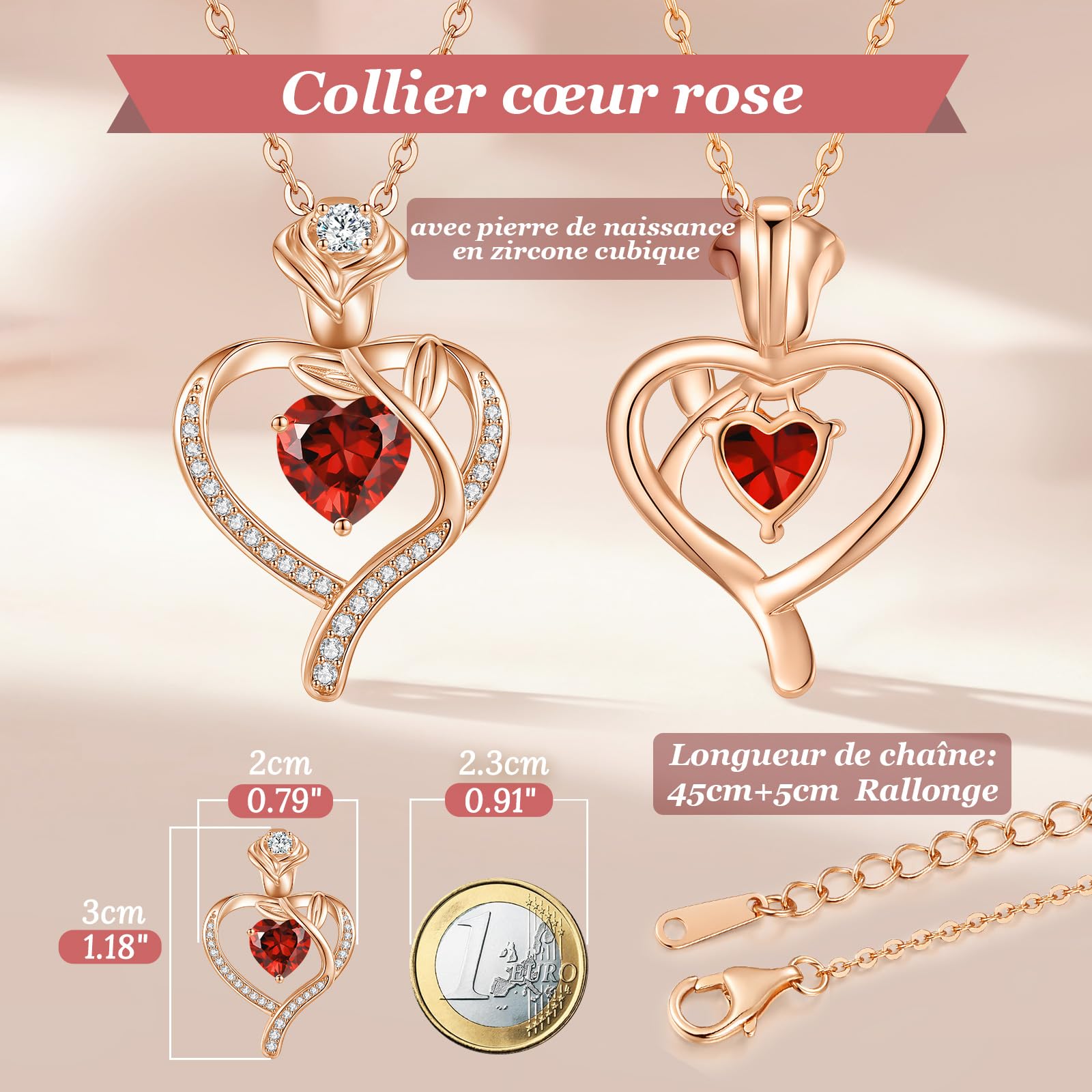 CDE Collana Donna Collana Cuore in Oro Rosa Gioielli Donna, Oro Rosa Collana Pendente Anniversario Compleanno San Valentino Regalo di Natale per donne Moglie Mamma Fidanzata | Cristalli Pietra di Nascita Regali Idee per Lei Natale Compleanno San Valentino