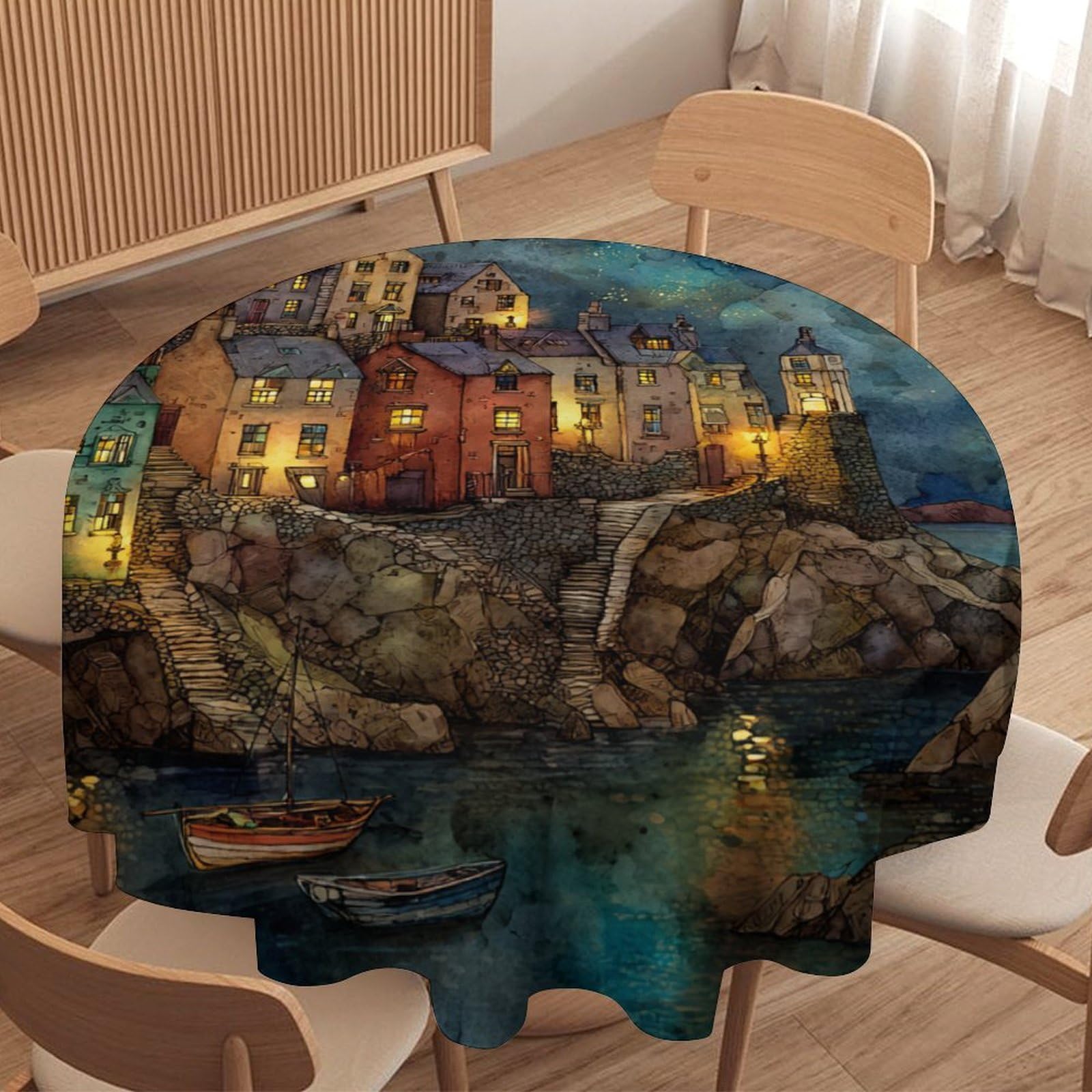 LUYYSKY Colorful Watercolor Coastal City Round Tablecloth Classic Realistic Full Moon Starry Night Galaxy Sailboat Ship Washable Decor for Table Cover for Kitchen-91.4" Wx91.4 L cm