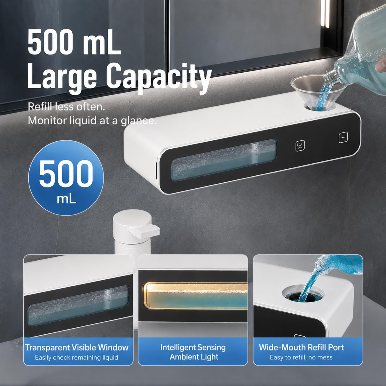 Dispensador automático de jabón espumoso, 500 ml de gran capacidad, 5
