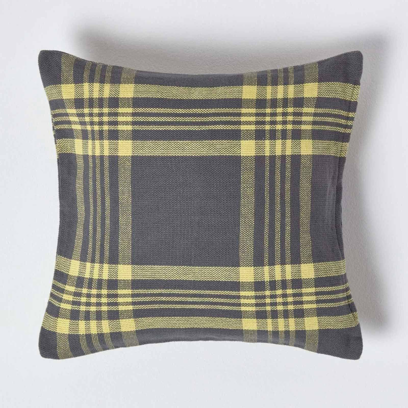 HOMESCAPES Grey & Yellow Tartan Cushion Cover, 100% Cotton 18 x 18 Inches or 45cm x 45cm, A Great Fit for Sofa or Settee Cushion Cover, or as Display Cushion Covers for your Bed or Conservatory