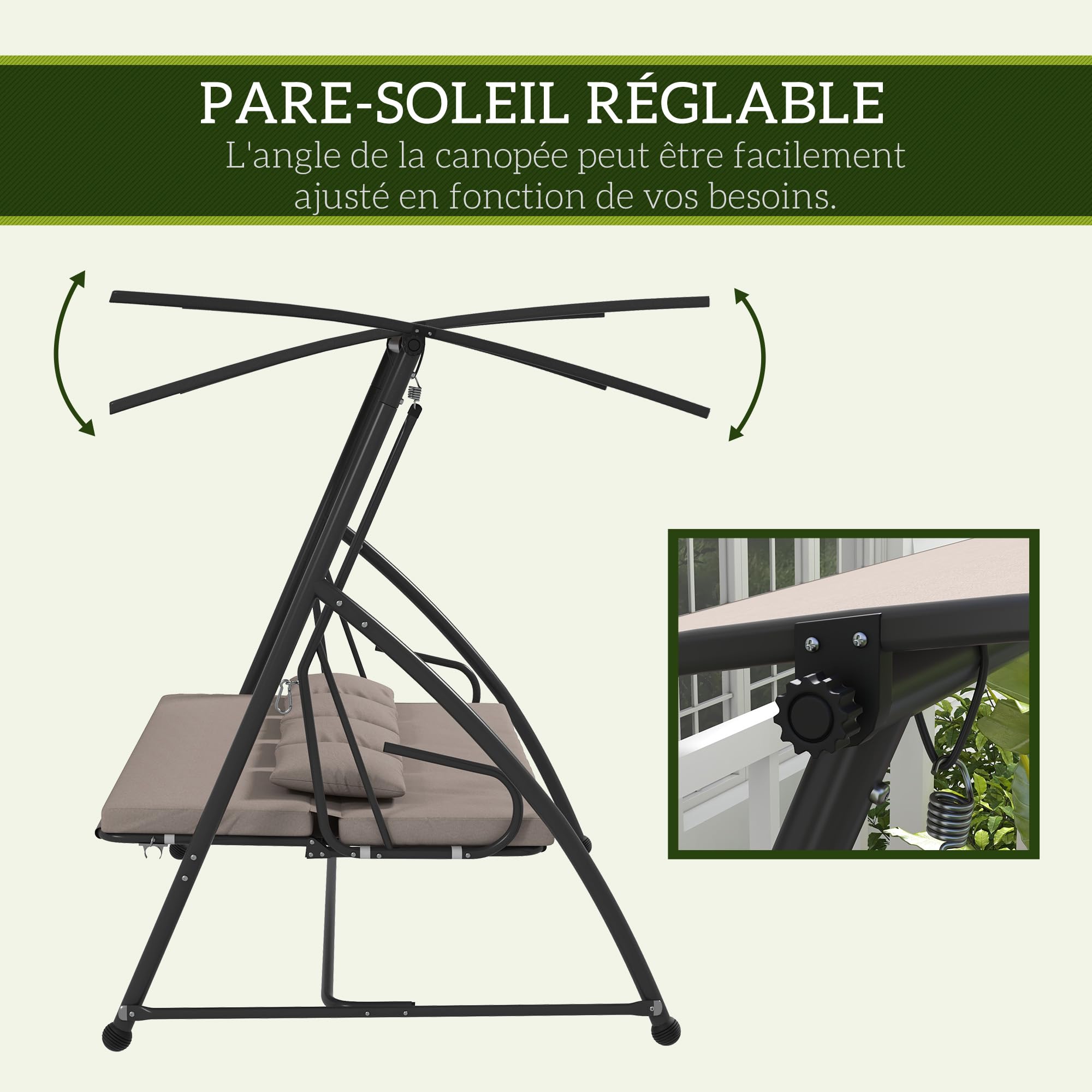 Outsunny Columpio de jardín de 3 plazas, Columpio de jardín Convertible para Exteriores, Techo abatible Ajustable, cojín de Asiento y Respaldo, 4 Almohadas, Gran Confort, 218 x 120 x 168 cm, marrón
