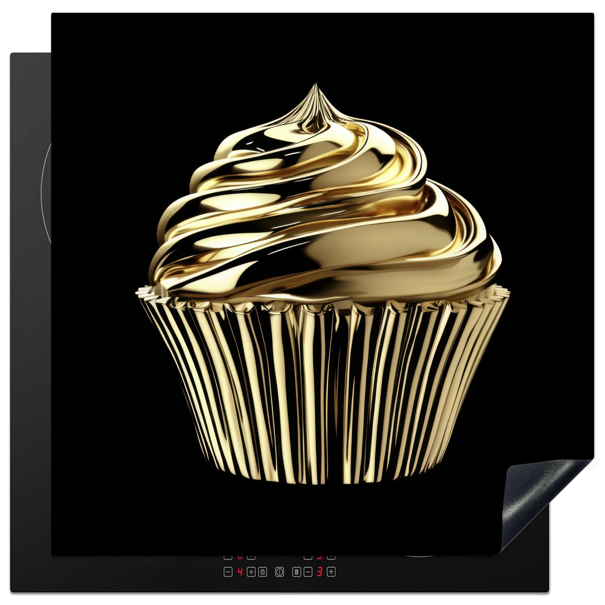 KitchenYeah© Induction Hob Protector Mat 30.7"x30.7" / 78x78 cm Cooker Top Protectors Cover Ceramic Covers Electric Hobs Vinyl Cupcake - Food - Gold - Black