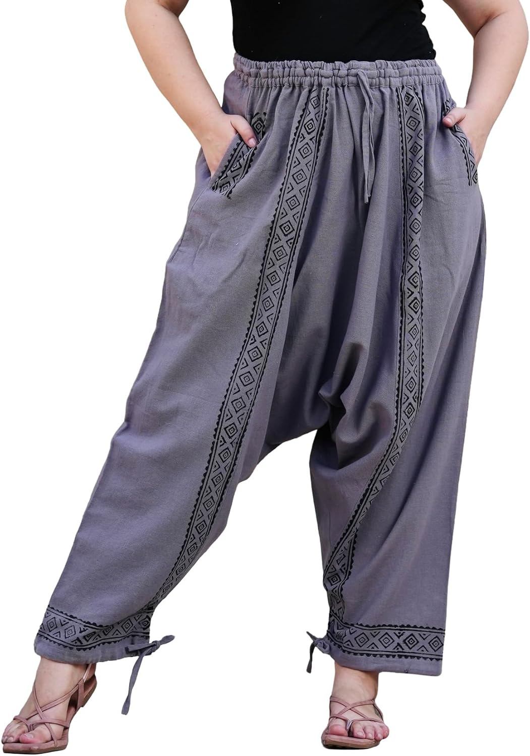SARJANA Women's Solid Color Harem Pants Handmade Printed Yoga Boho Trousers with Pockets Free Size