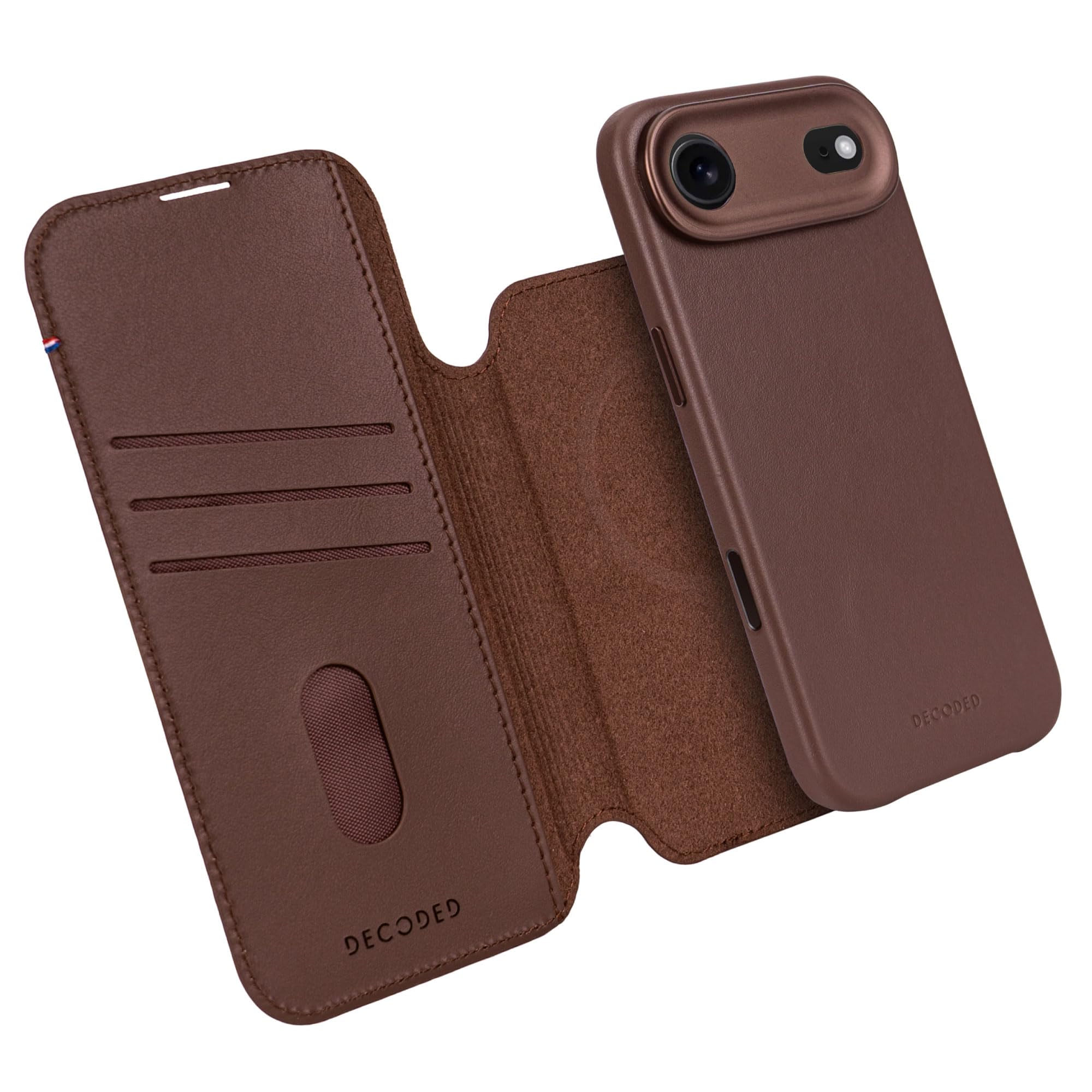 DECODED Custodia in pelle 2 in 1 per iPhone 17 Air, portafoglio rimovibile, pelle ECCO di alta qualità, adatta per Magsafe, protezione dalle cadute, antigraffio, pulsanti in metallo, marrone