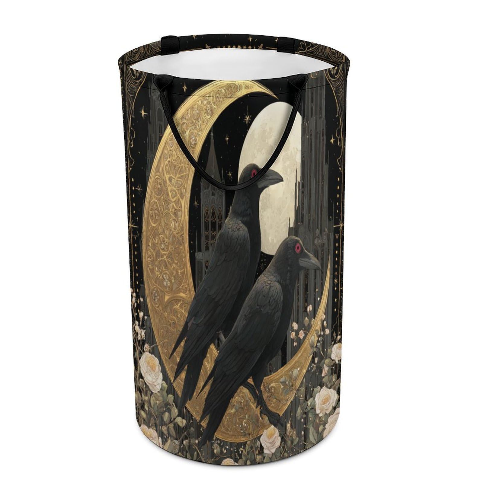 LUYYSKY Rustic Abstract Animal Raven Collapsible Dirty Clothes Basket, Gothic Realistic Full Moon Starry Sky Galaxy Castle Roses Flowers Portable Clothes Storage Laundry Basket-40 CM Dia, 69 CM High