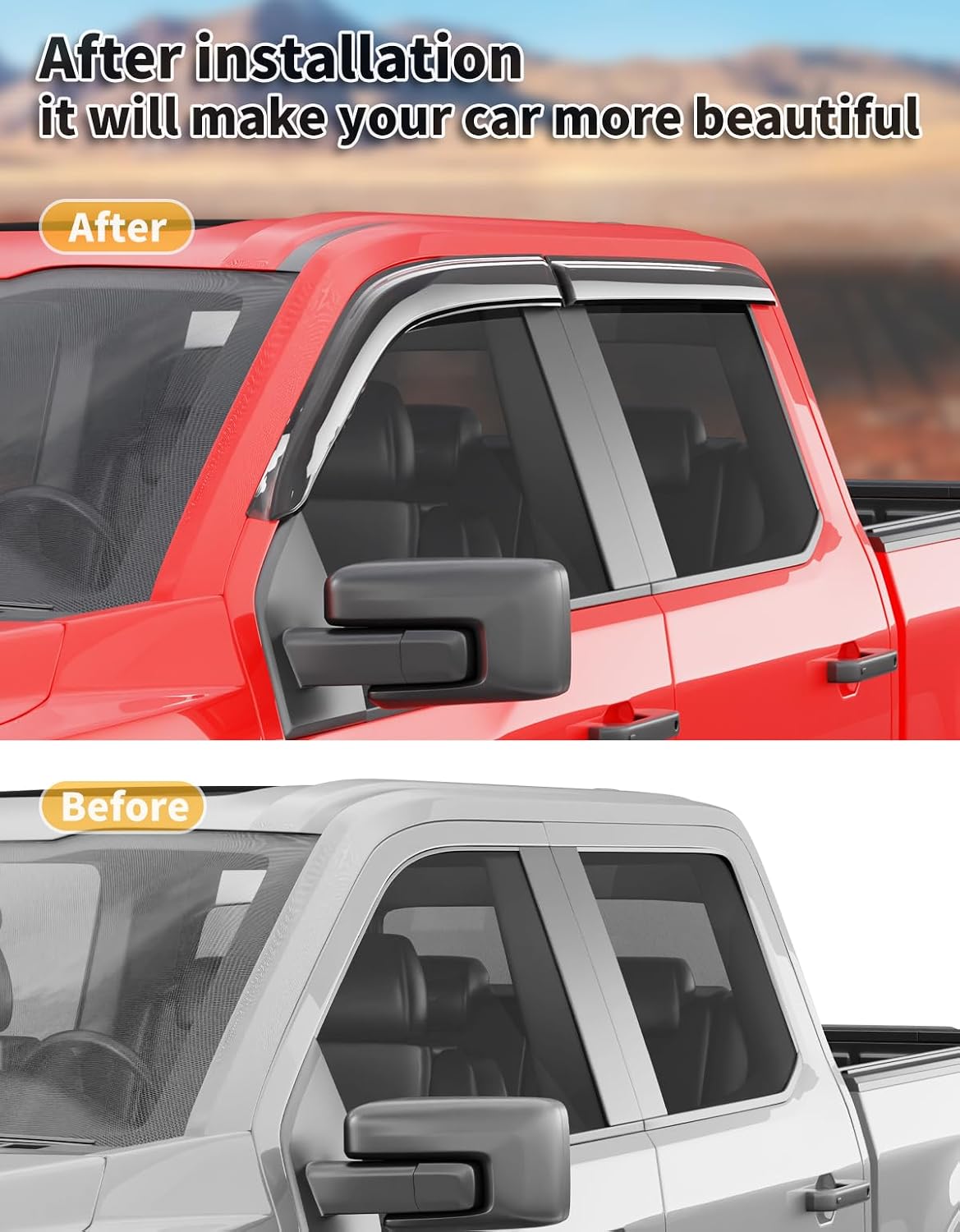 Outside-Mount Window Rain Guards Fit for Ford F-150 2015-2026/ F250-F550 2017-2026 SuperCrew,Truck Window Visors Wind Deflector Dark Smoke Vent Shades Car Tape-on 4-pcs with Thicker