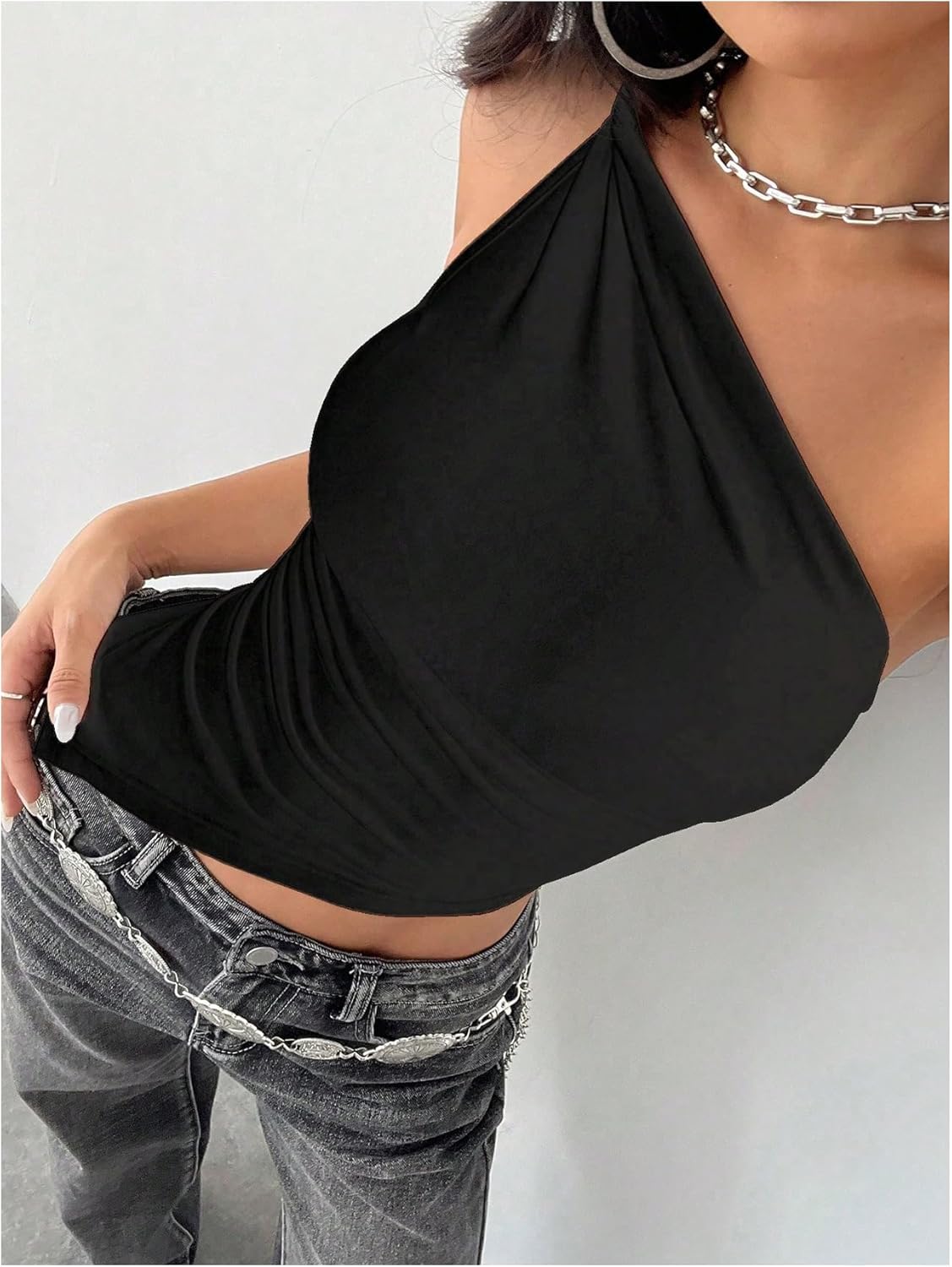 Milumia Women's Twisted One Shoulder Tank Tops Asymmetrical Hem Solid Slim Fit Tops - Image 5