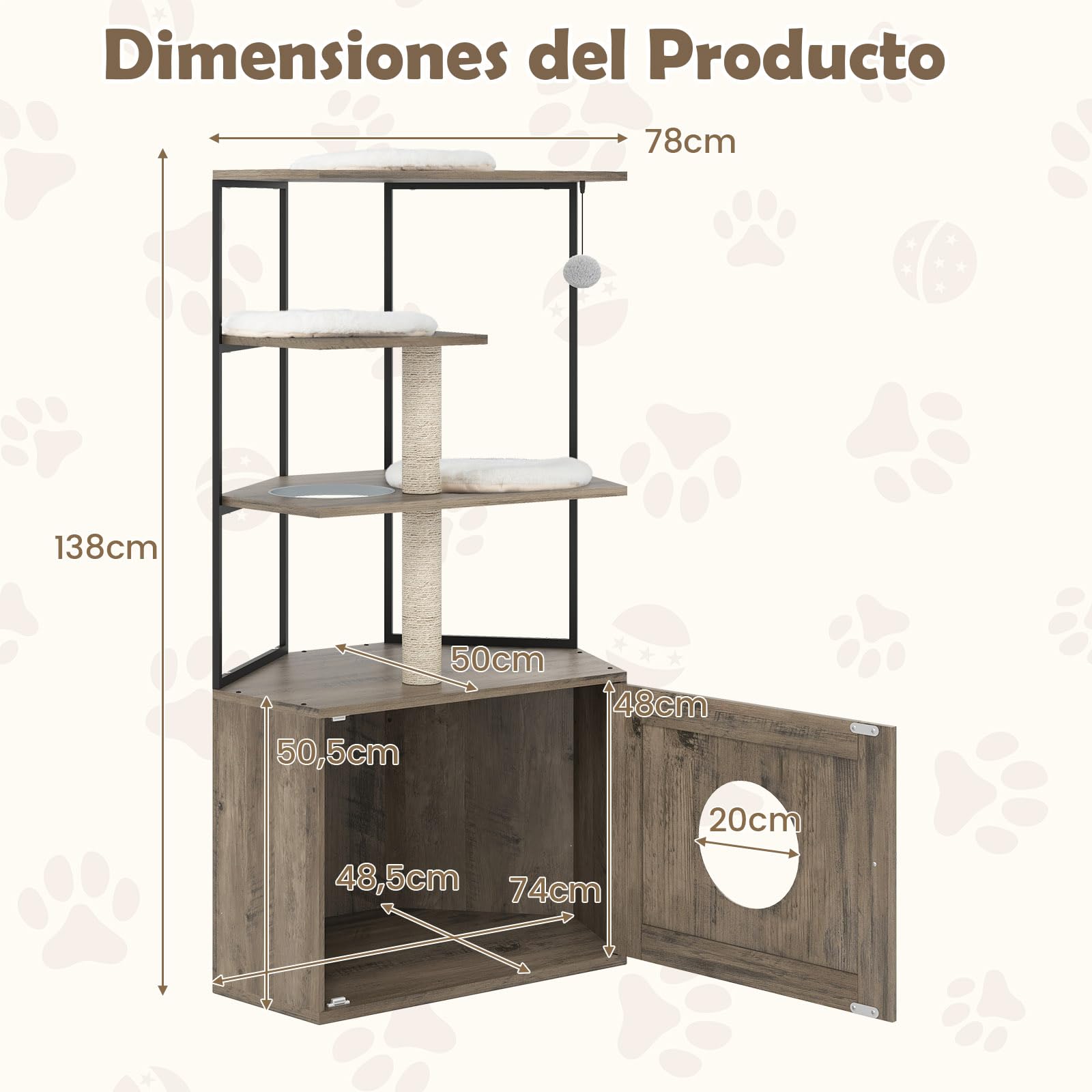 COSTWAY Árbol Rascador con Arenero para Gatos, Mueble para Gatos con 2 Postes Rascadores, 3 Alfombras, Agujero, Marco Metálico, Bola Colgante, Casa para Gatitos de Madera, 80 x 48 x 145 cm, Marrón