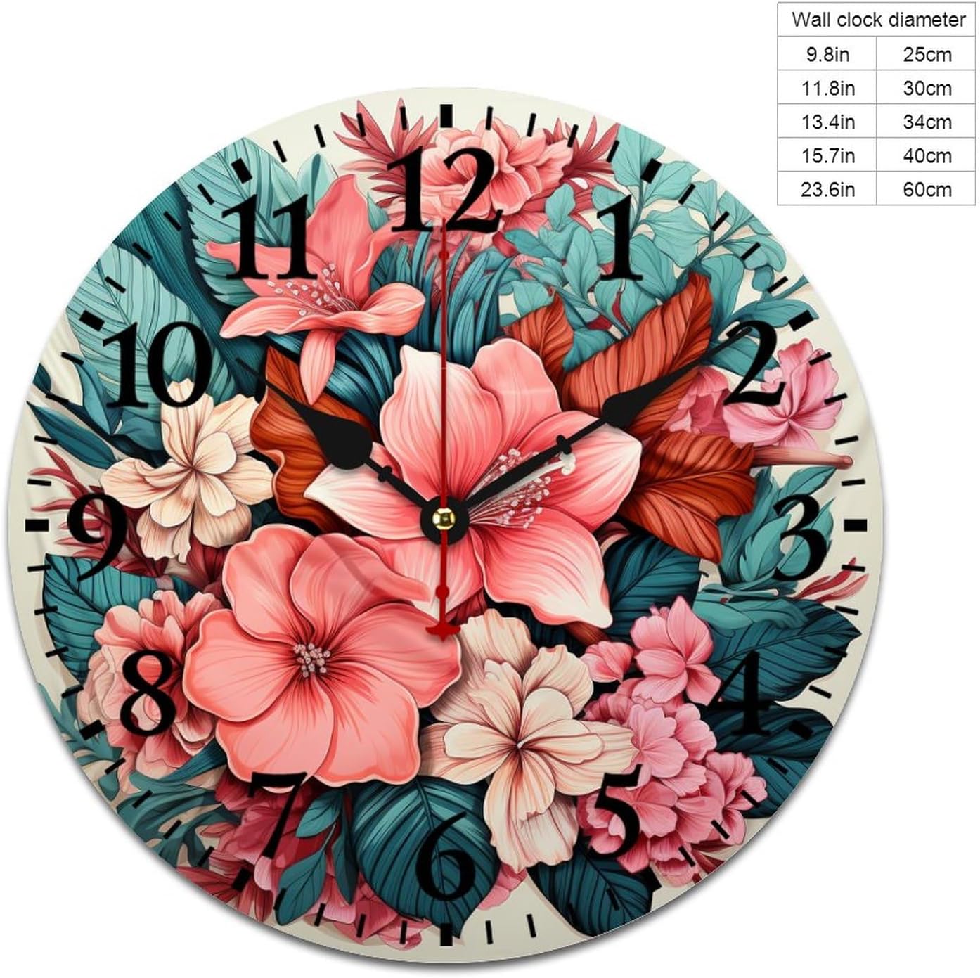 16 Inch Clock Green Leaf with Tropical Flowers and Cactus Wooden Battery Operated Quartz Quiet Arabic Numeral Green Cactus Tropical Summer Plants Wall Clocks Living Room Office