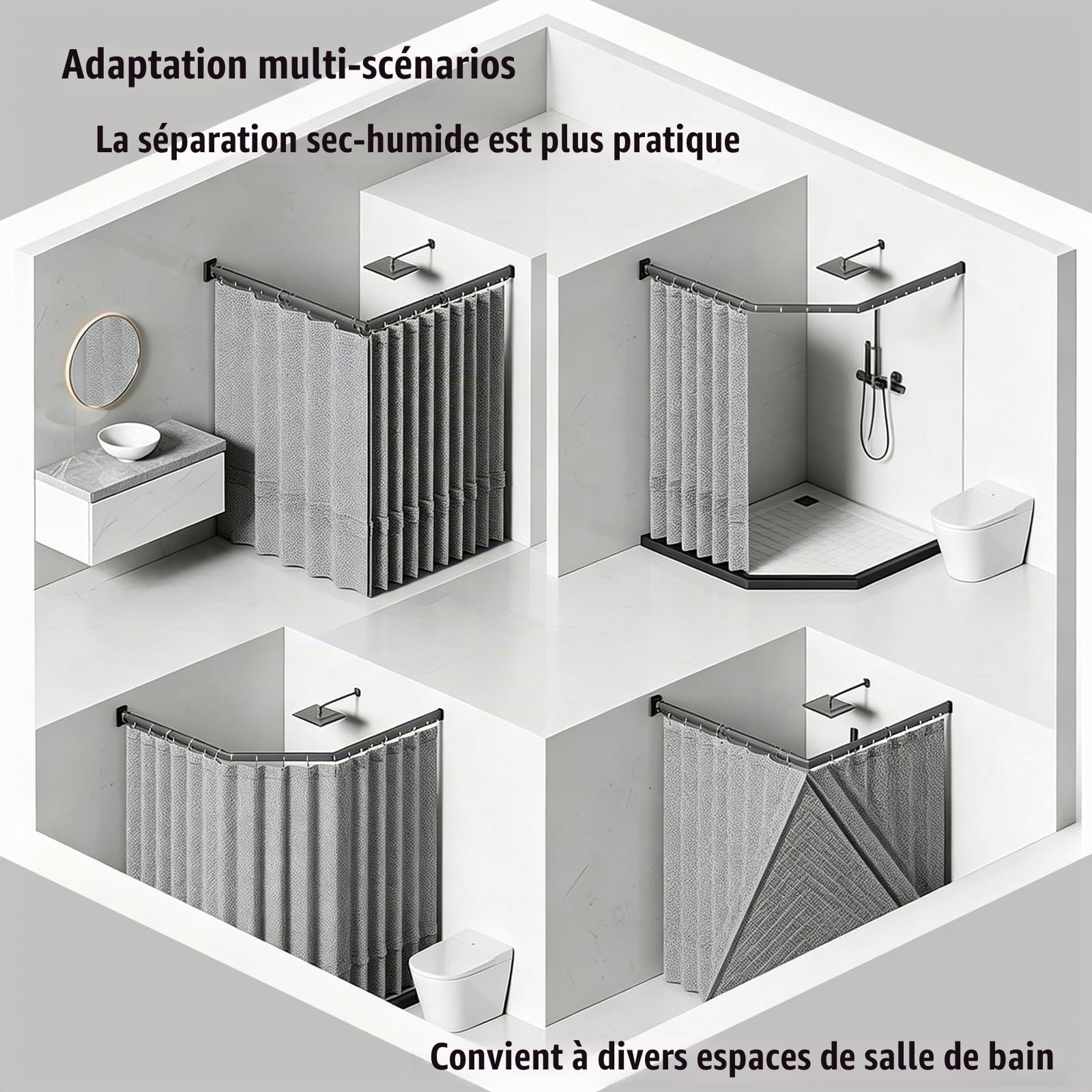 Tringle À Rideau de Douche Pliante avec Ventouse, Tringle À Rideau D'angle pour Montage Mural, Tringle À Rideau de Douche À Angle Réglable,Déformable Sans Perçage(3-fold 70