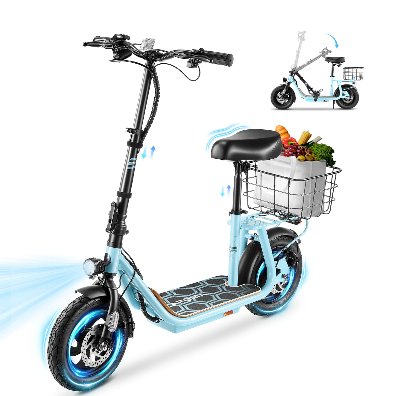 Caroma Peak 500W/800W/1200W Electric Scooter with Seat, 30 Miles Max Range Electric Scooter Adults&Teens, 48V Large Battery, 20MPH Top Speed Foldable Ebike, Adjustable E-Bike with Basket&Kid Seat