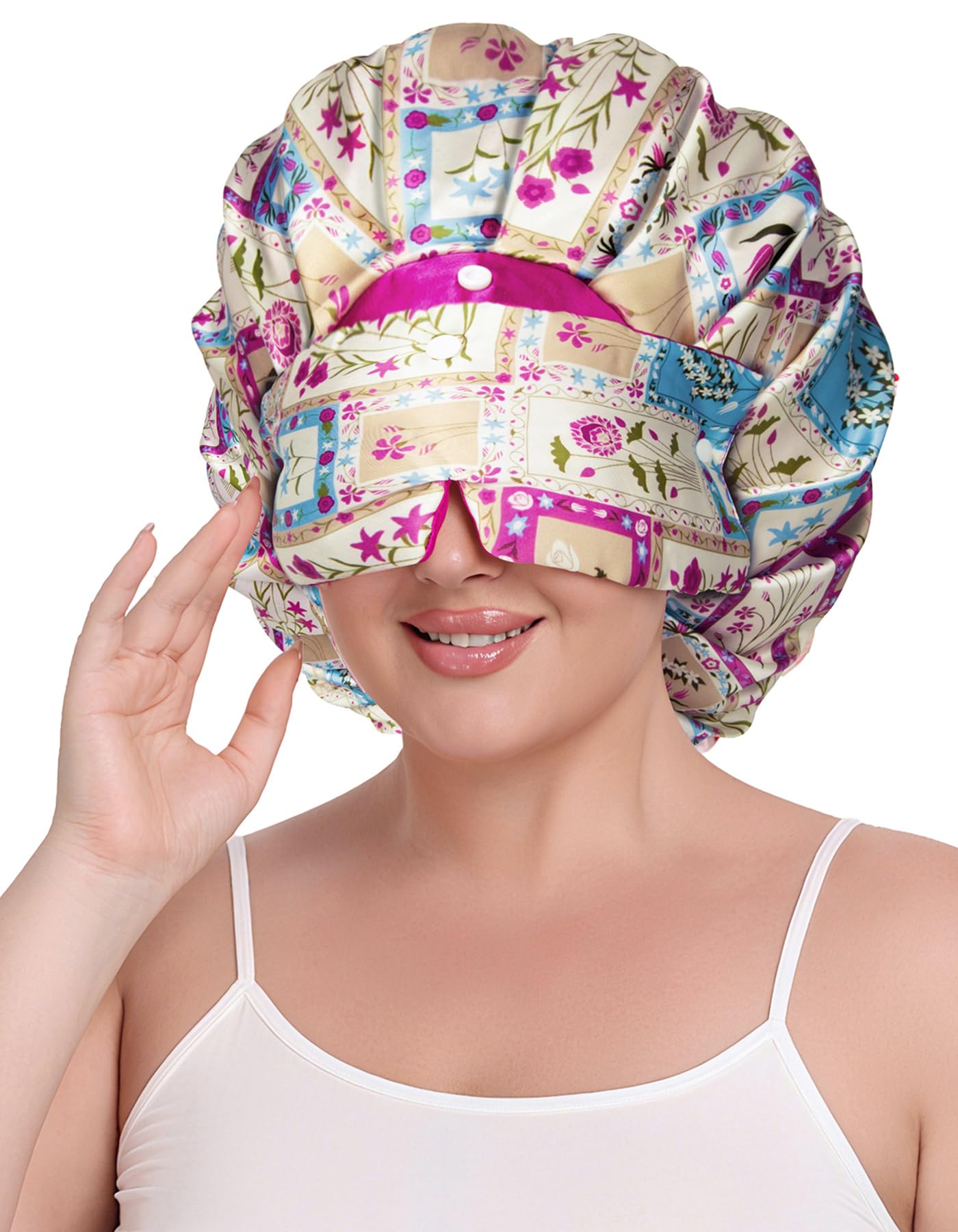 Sese Code Pleated Satin Bonnet With Eye Mask Attached Adjustable