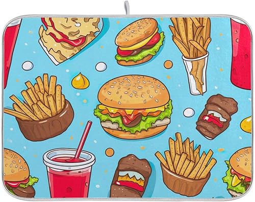 Colorful Food Blue and Yellow Dish Drying Mats 16" x 18" Dish Draining Mat Quick Drying Microfiber Coffee Bar Mat Kitchen Countertop Protector