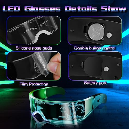 Miniatura 3 de Tanganan Gafas de visera LED, 2 gafas de luz LED, gafas luminosas de neón, 7 colores, 5 modos, gafas LED geniales para adultos