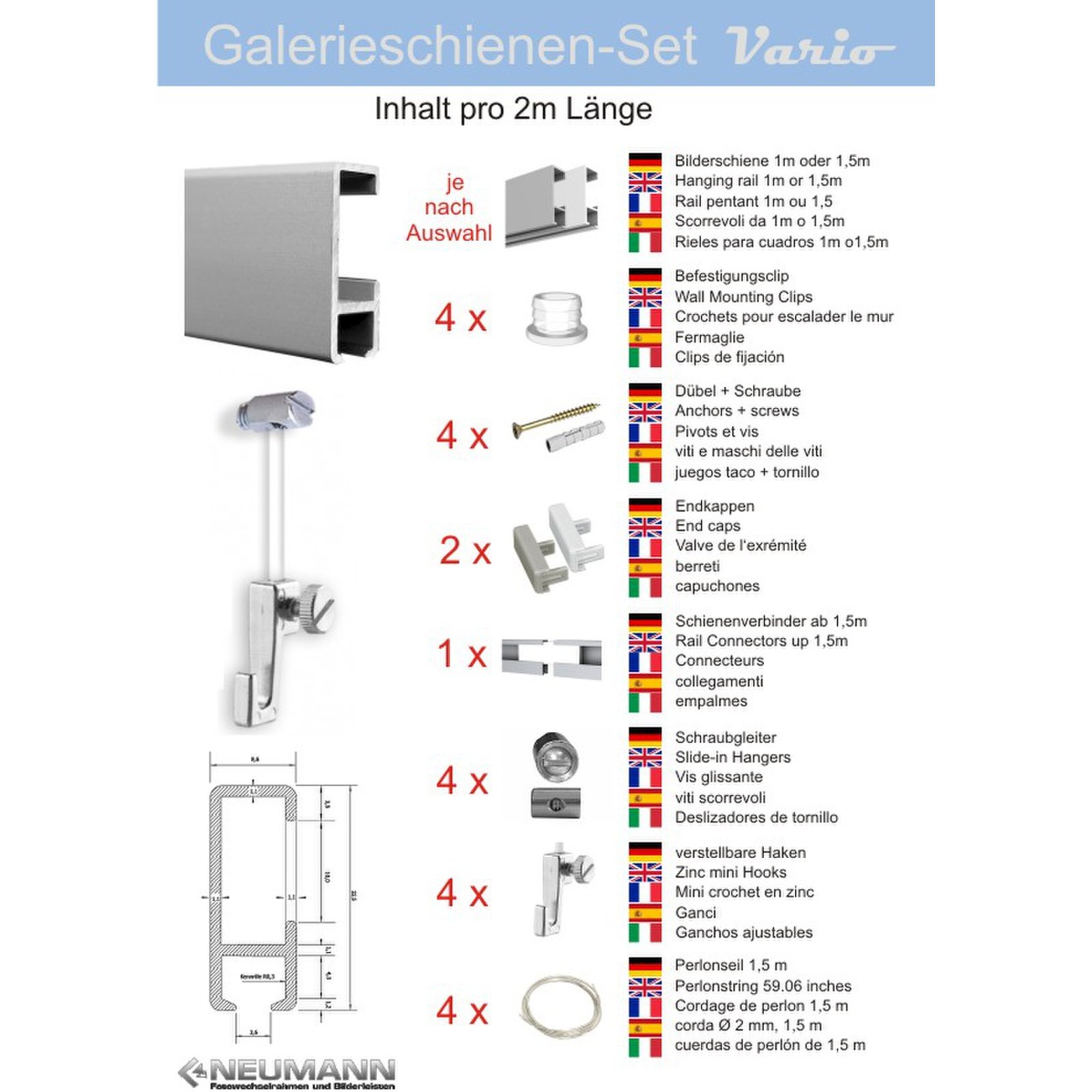 Bilderschienen, Galerieschienen Komplett Set 20m Bilderleiste mit Zubehör weiß RAL 9016 (12x1,5m+2x1m Leisten)