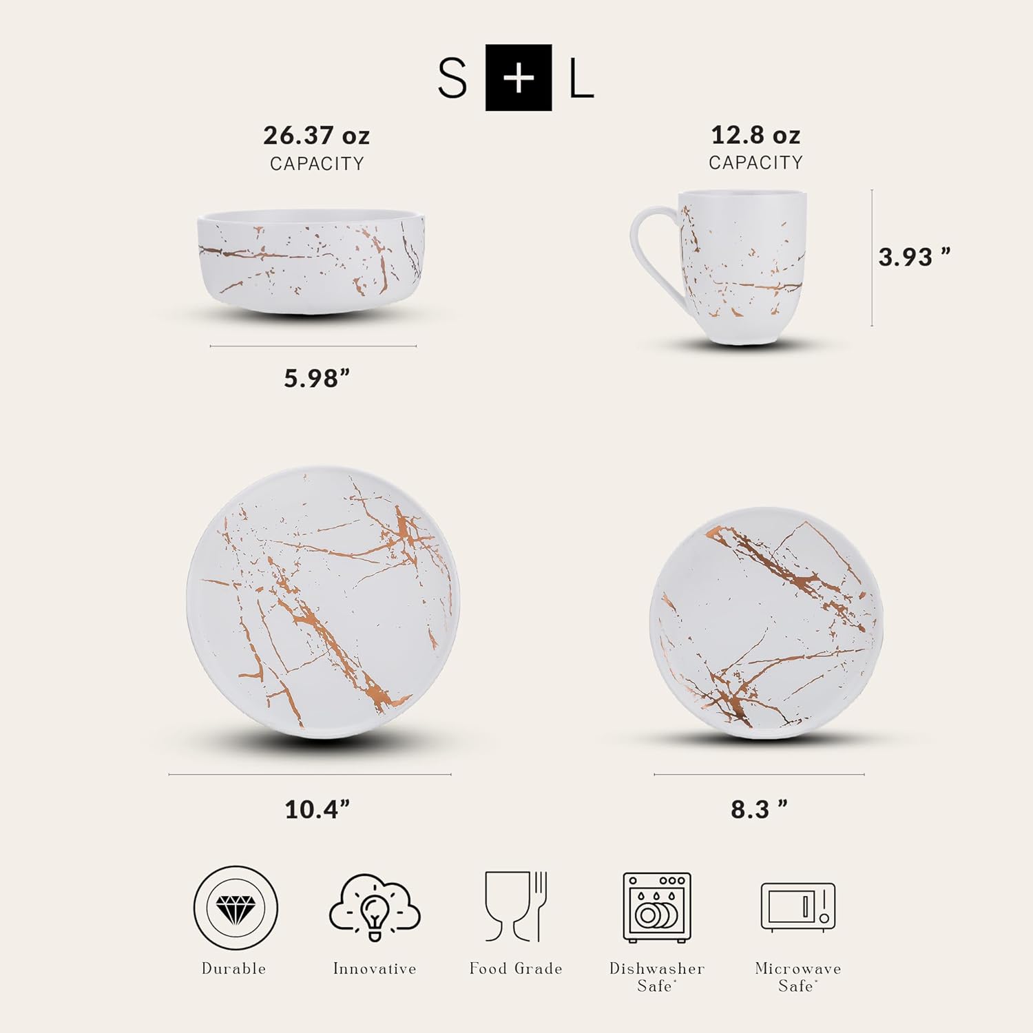 Stone Lain Porcelain 16 Piece Dinnerware set, 4 Full White Gold Splash Sets