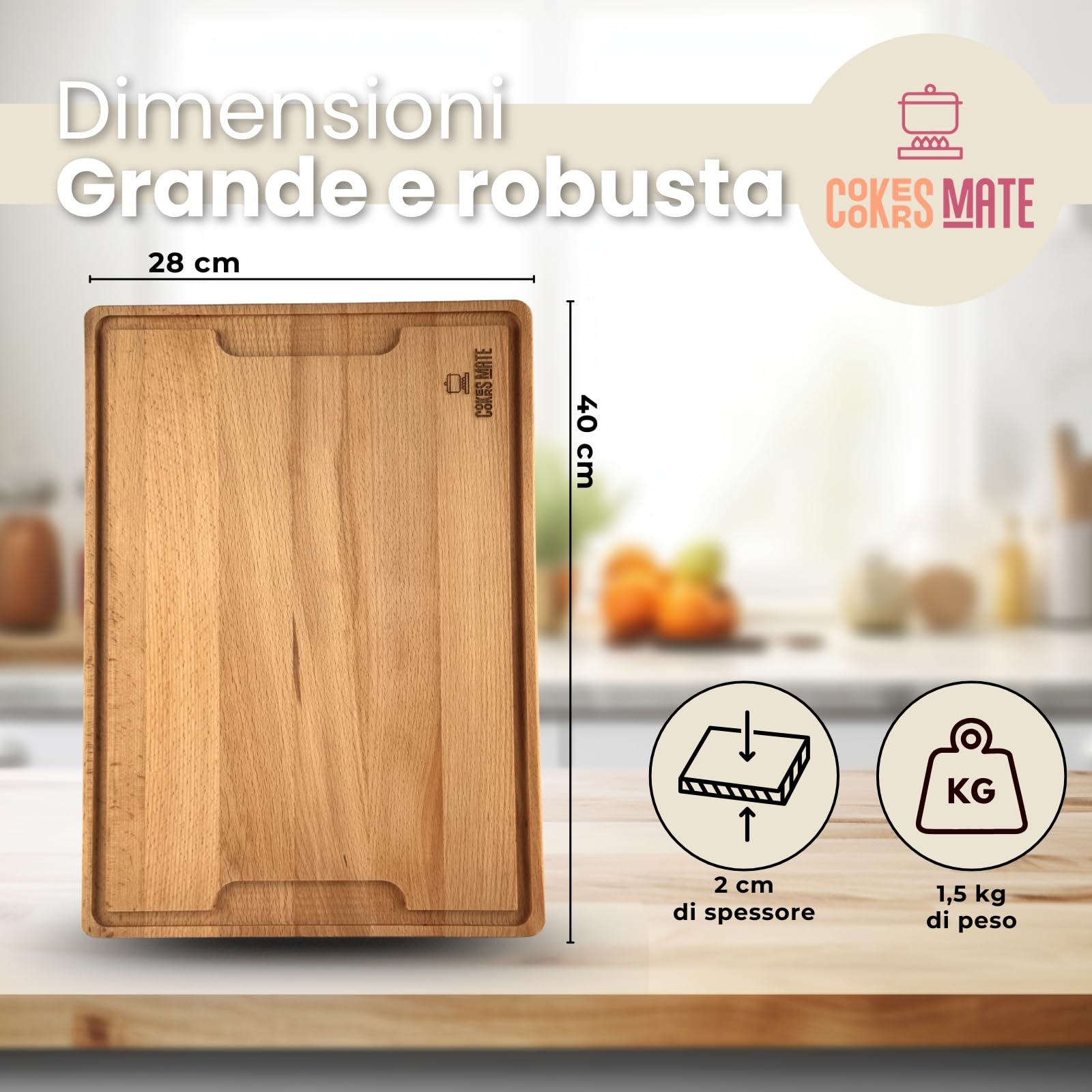 COOKERS MATE tagliere legno grande, tagliere cucina, cutting board, chopping board, reversibile con scanalatura, dimensioni XL 40x28cm, igienico e resistente. taglieri legno professionali