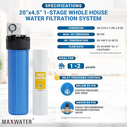 Miniatura 2 de Max Water Carcasa universal para filtro de agua para toda la casa, cartucho de carbono de sedimentos de 20 x 4.5 pulgadas, sistema de prefiltración