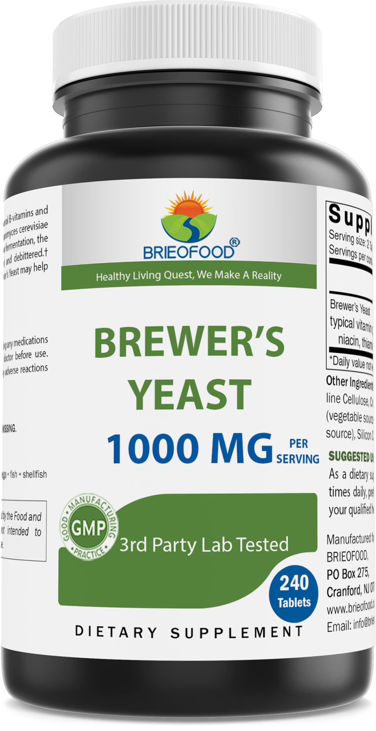Brieofood Brewers Yeast 1000 mg per Serving - 240 Tablets - 3rd Party Labe Tested for Purity & Quality 240 Count (Pack of 1)