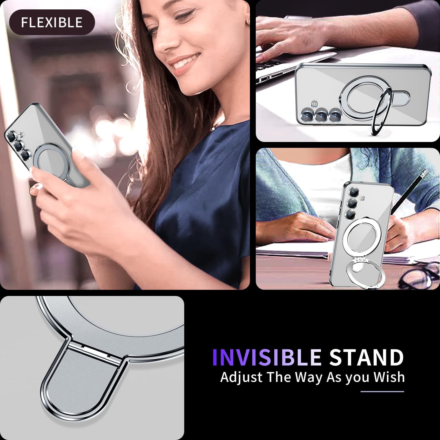 magnetic stand & full camera lens protector case for samsung galaxy s25 fe [compatible with magsafe][military drop protective]not yellowing clear slim soft s25 fe phone case for women men,silver s25fe silver