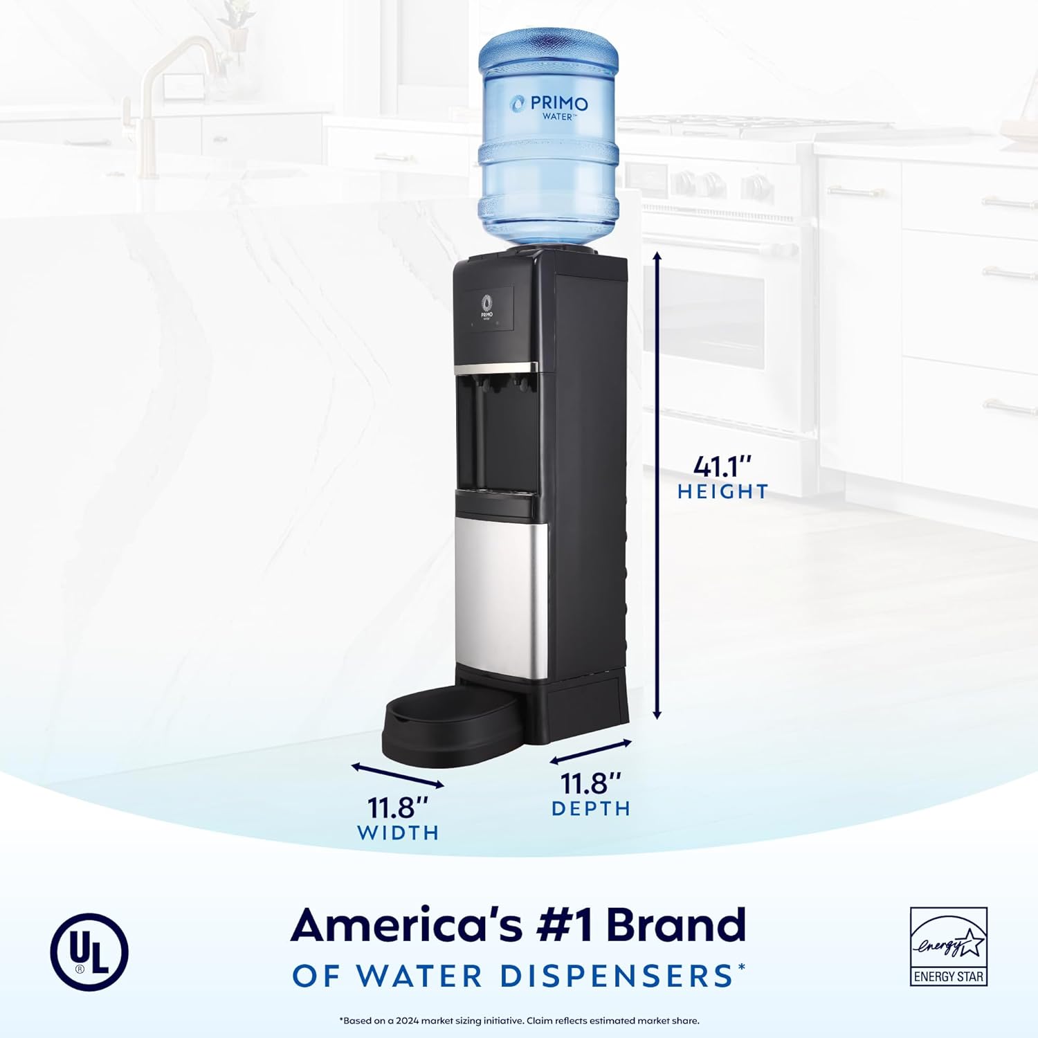 Diagram showing the dimensions of the Primo water dispenser: 11.8 inches width, 11.8 inches depth, 41.1 inches height