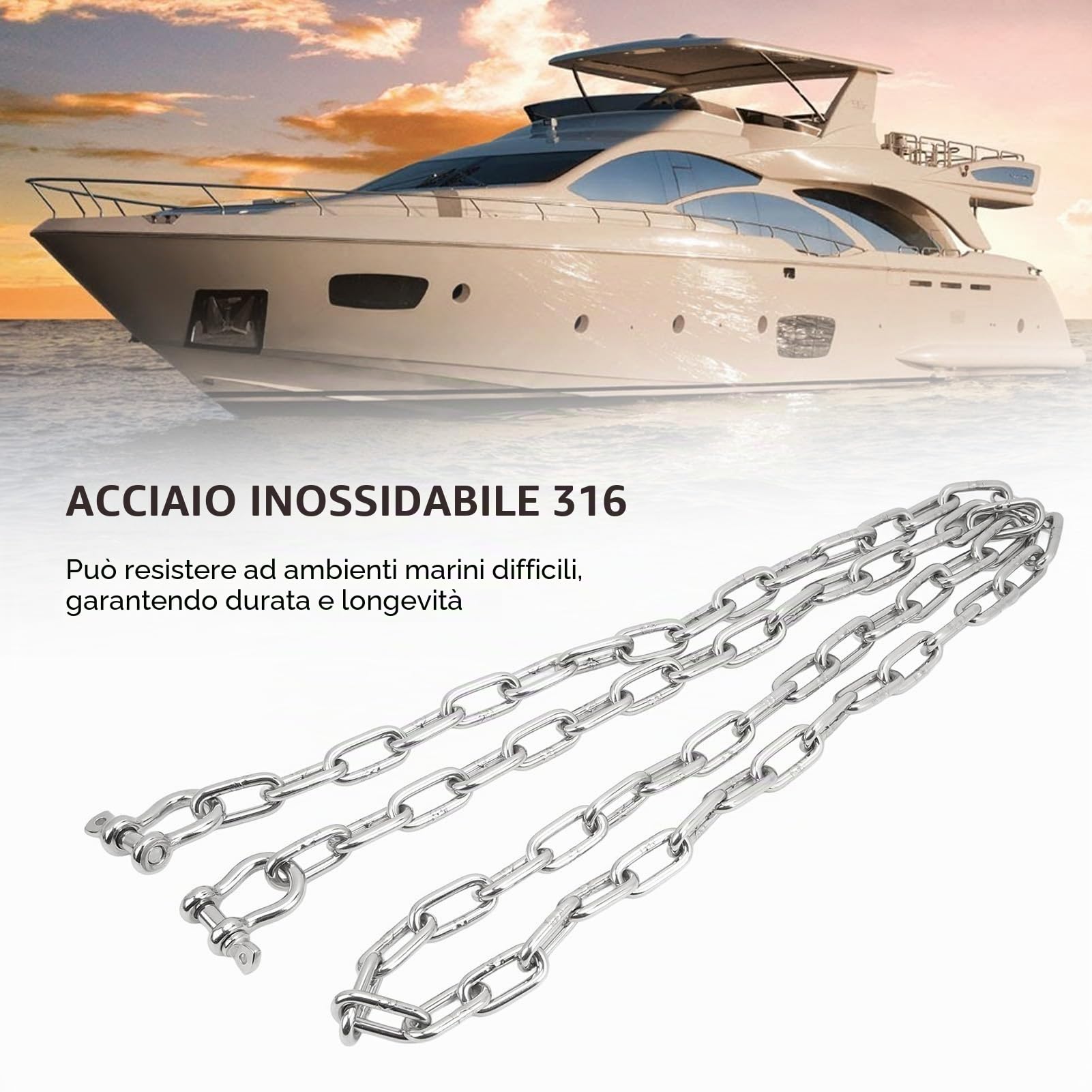 Catena per Ancora per Barche Catena per Ancora in Acciaio Inossidabile 316 da 6,6 Piedi con Doppio Anello di bloccaggio da 5/16" Grilli estremità di Collegamento Grado Marino per