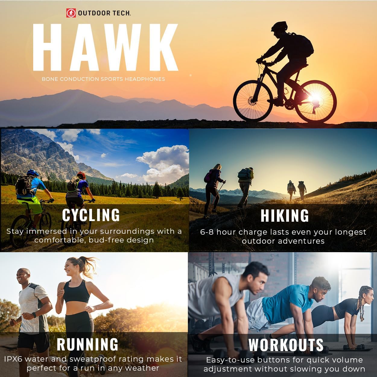 Outdoor Tech Hawk Bone Conduction Headphones - Wireless Open-Ear Sweatproof Bluetooth 5.0 Lightweight - Ideal for Running Cycling & Group Fitness