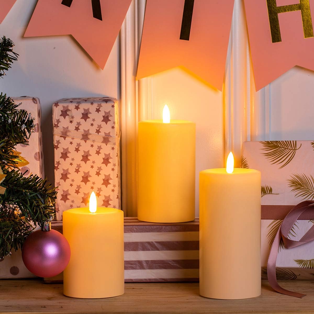 Flameless Candles Set of 3, Realistic Real Wax Top Flat 3D Wick Ivory Pillar Candles Set with Remote, Size D: 3'' x H: 4'' 5'' 6'', 2H 4H 6H 8H Timer, Flicker, Dimmer, Run by 2 AA Battery