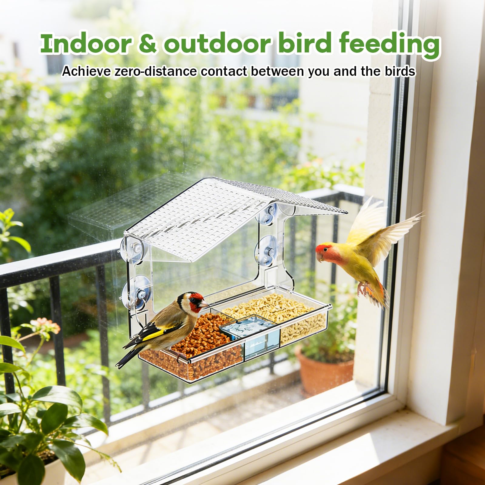 Window Bird Feeder, Clear Outdoor Bird House with 4 Strong Suction Cups & Removable Seed Tray, 3 Compartment Design with Drainage Holes, Ideal as a Birdwatching Gift, Outdoor Bird Feeder, and Garden D — view 7