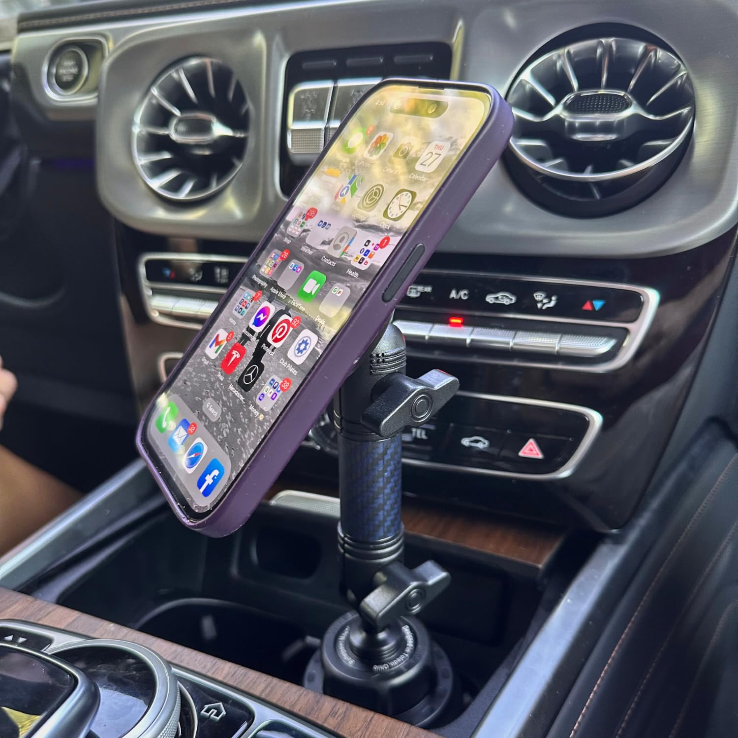 Bulletpoint Verstellbare Universal-Getränkehalter für das Auto mit Karbonfaser-Kevlar-Arm, kompatibel mit iPhone, Samsung, Google-Smartphones (MagSafe-Handyhalterung)