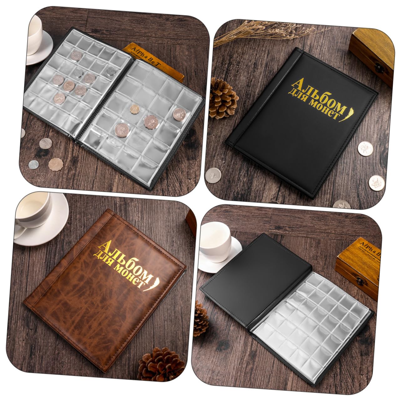 PLAFOPE Album per Monete da Collezione 2 Pezzi, Plastico Pu Nero Marrone