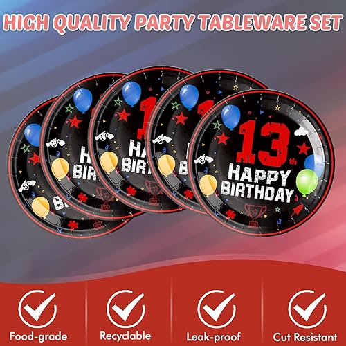Miniatura 5 de 41 piezas de suministros para fiesta de cumpleaños de 13 años, color rojo y negro, decoración oficial para fiesta de adolescentes, platos,