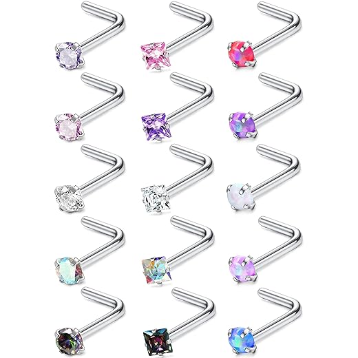 MILACOLATO 20G Nose Rings 316L Surgical Stainless Steel Nose Ring Studs L Shaped Studs Rings CZ Nose Ring Labret Nose Piercing Jewelry for Men Women