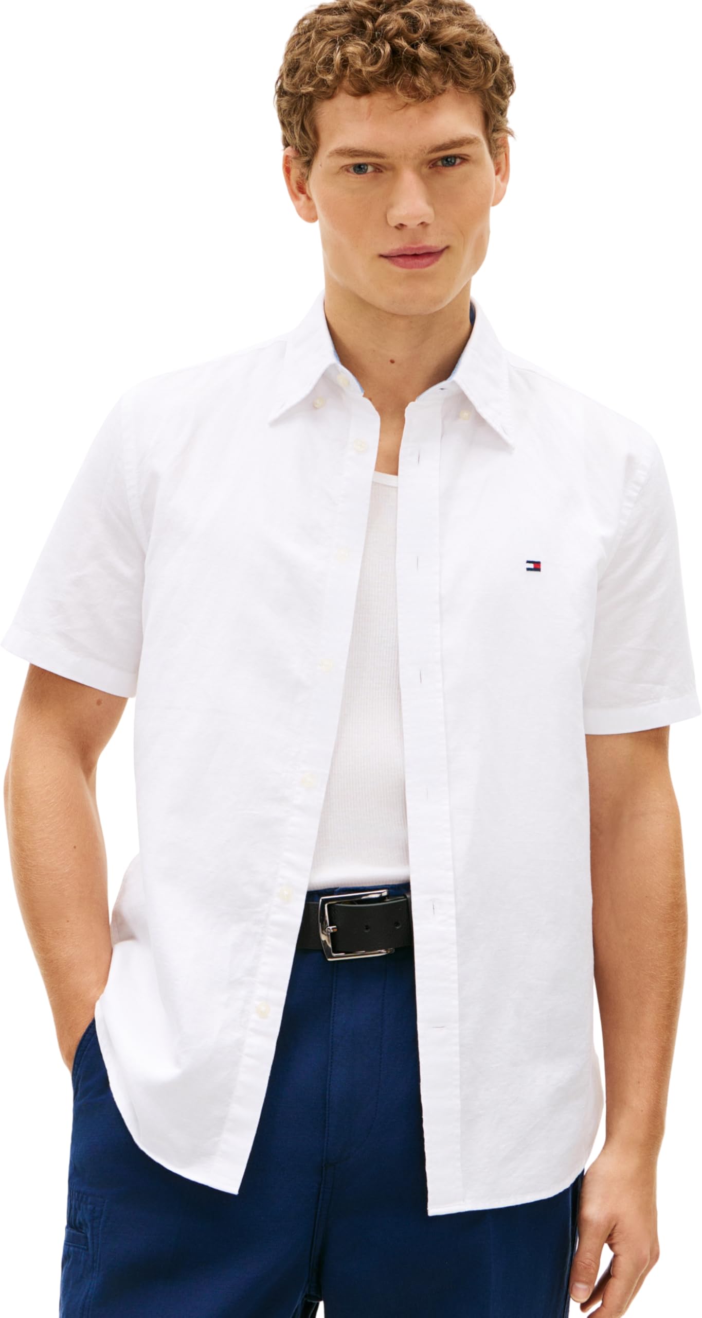 Tommy Hilfiger Men’s Shirt Linen Blend Solid Short Sleeve, White (White), S