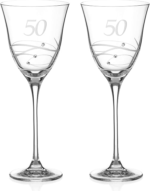 DIAMANTE Swarovski 50th Birthday or Anniversary Wine Glasses  Pair of Crystal Wine Glasses with Hand Etched 50 with Swarovski Crystals