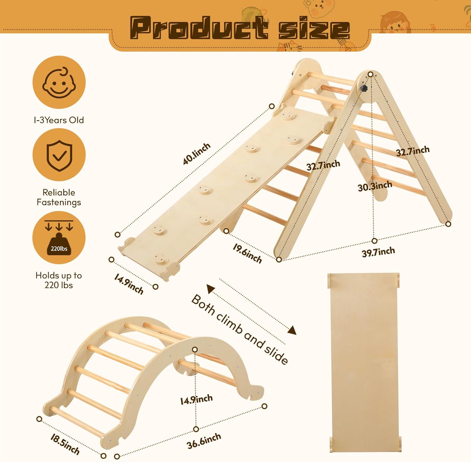 Wooden Pikler Triangle Set - 7 in 1 Montessori Foldable Toddler Climbing Toys for Early Learning - Includes Arch, Ramp, and Climbing Triangle - Indoor/Outdoor Playground Equipment for Toddlers