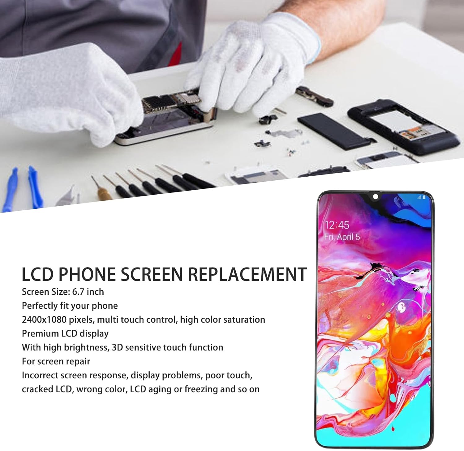 LCD Display Digitizer Screen for for A70 A705 A705 A705F A705FN A705 A7050 A705W A705U, 6.7 Inch Digitizer Assembly Kit with Frame