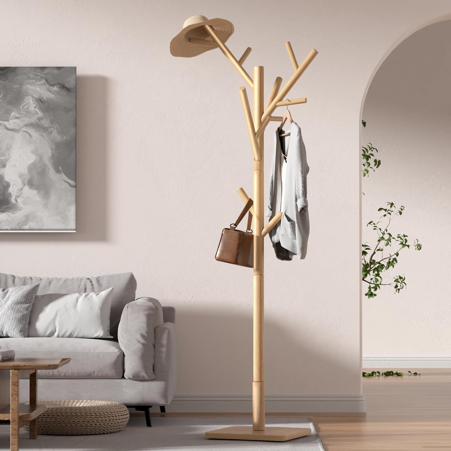 Solid Wood Coat Rack - Freestanding Coat Hat Rack Stand with 14 Hooks, Clothes Rack Heavy Duty Space Saving Entryway Coat Tree Hanger Rack for Coats Jackets Hats Bags, Adjustable Height (Natural)