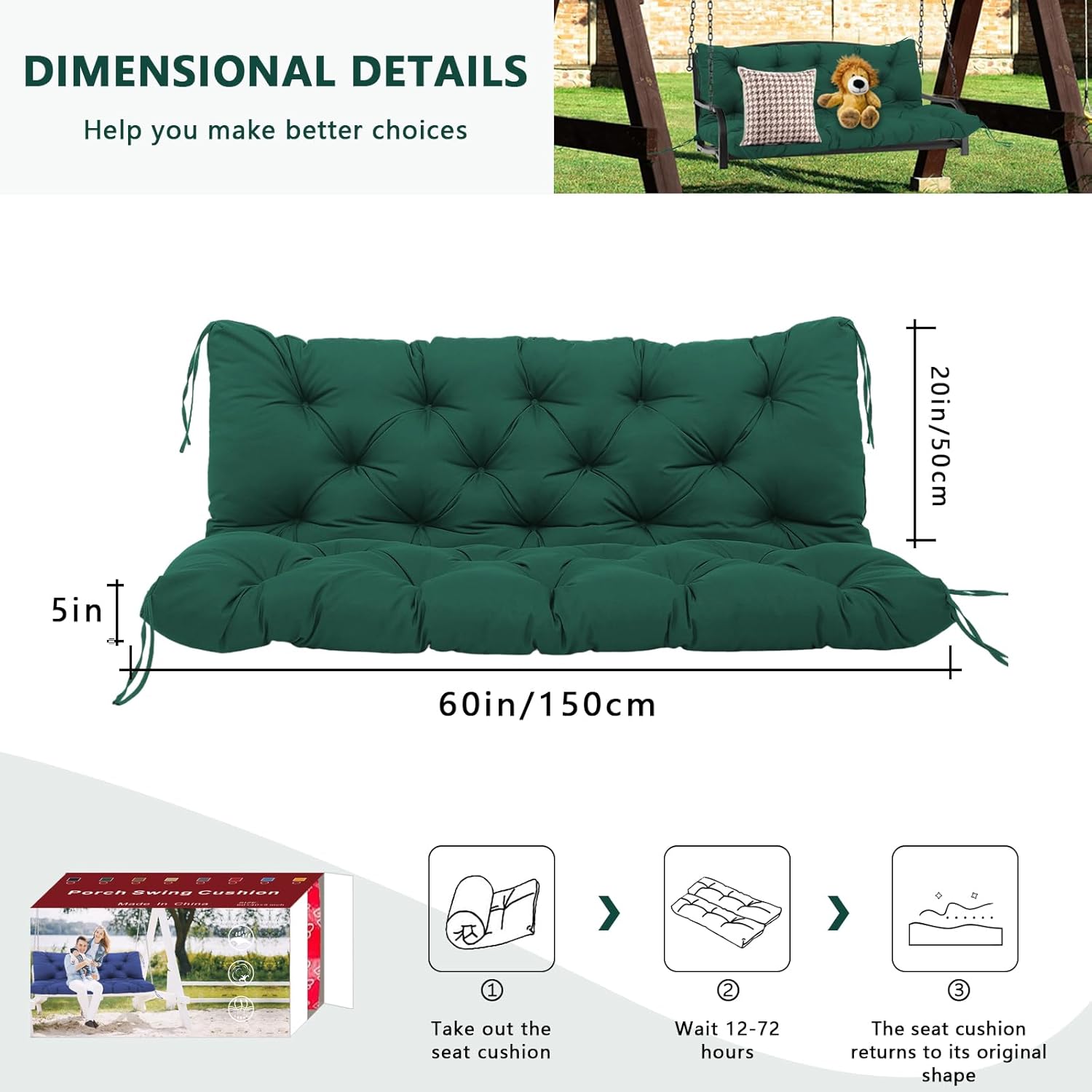 Durable Extra 5" Thick Fade-Resistant Waterproof Porch Swing Cushions Outdoor 60 inch Swing Cushions 3 Seater Replacement with Backrest and Ties for Outdoor Patio Bench Garden Furniture(Dark Green)