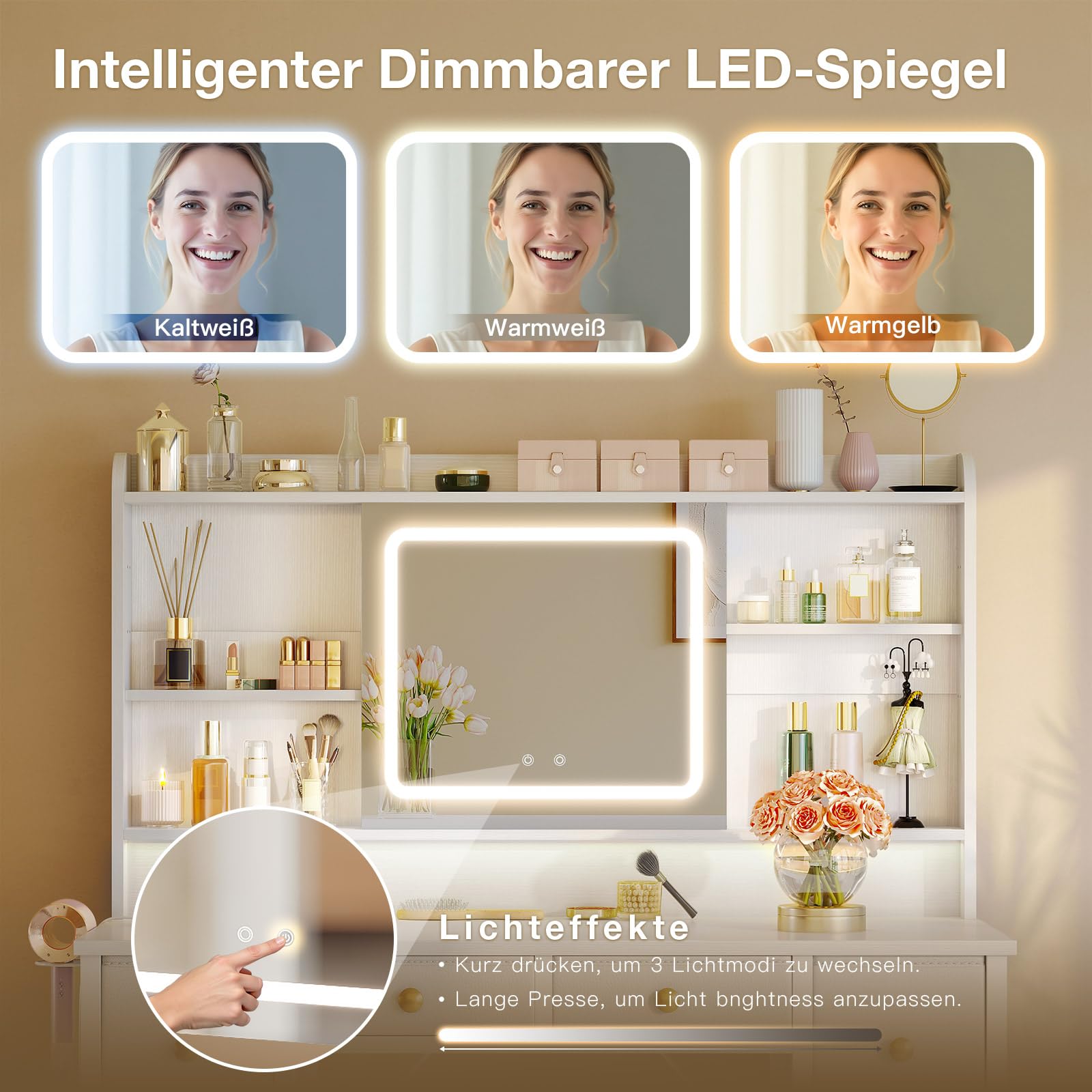 ODK Schminktisch mit Bewegbarem LED-Spiegel, Eingebauten USB-Steckdosen & RGB-Lichtleiste, 8 Schubladen, Weißer Schminktisch 110×40×137cm