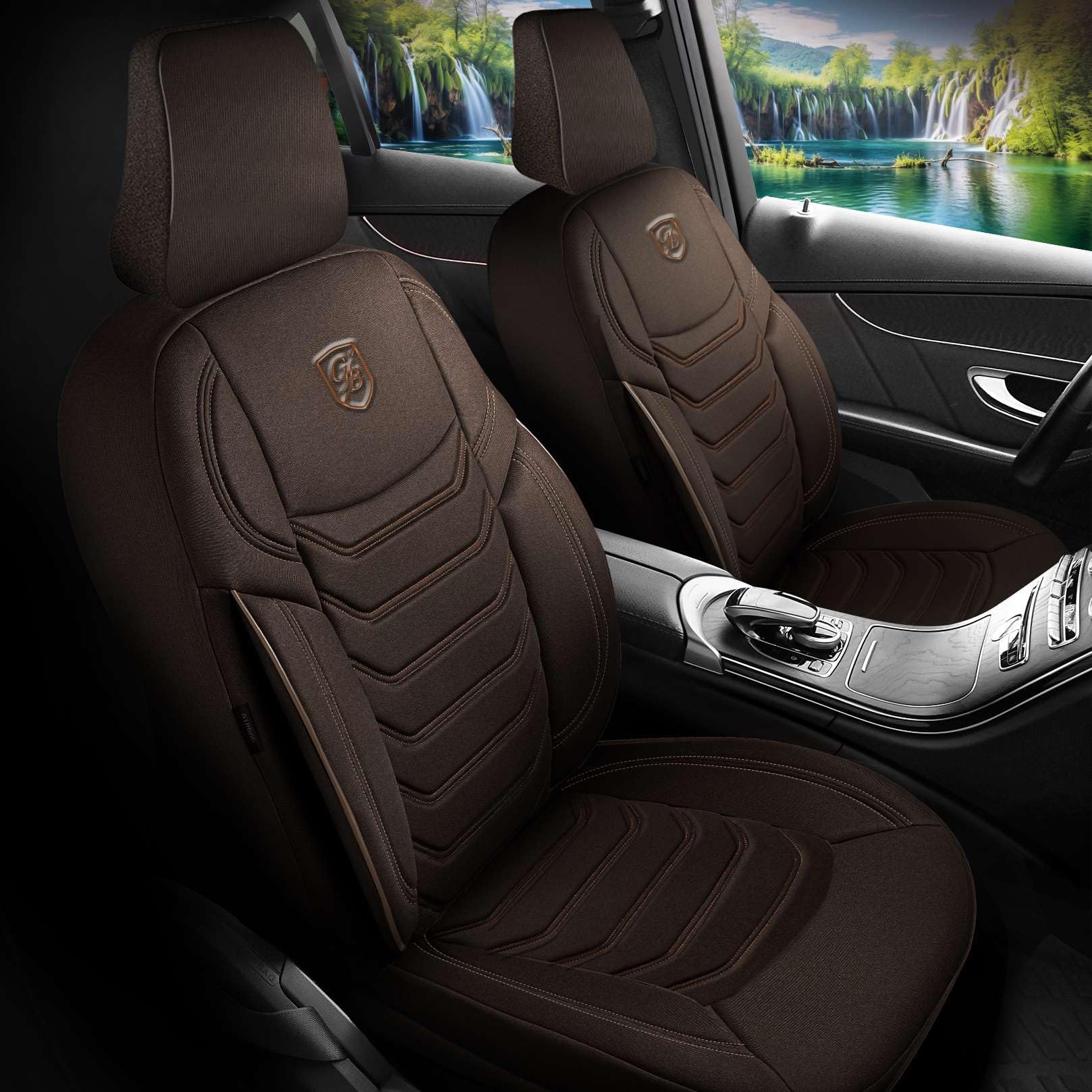 Housses de siège universelles pour voiture et SUV - Housses de siège avant de qualité supérieure en tissu Lacoste - Marron - Compatible avec airbag - Kit de montage inclus
