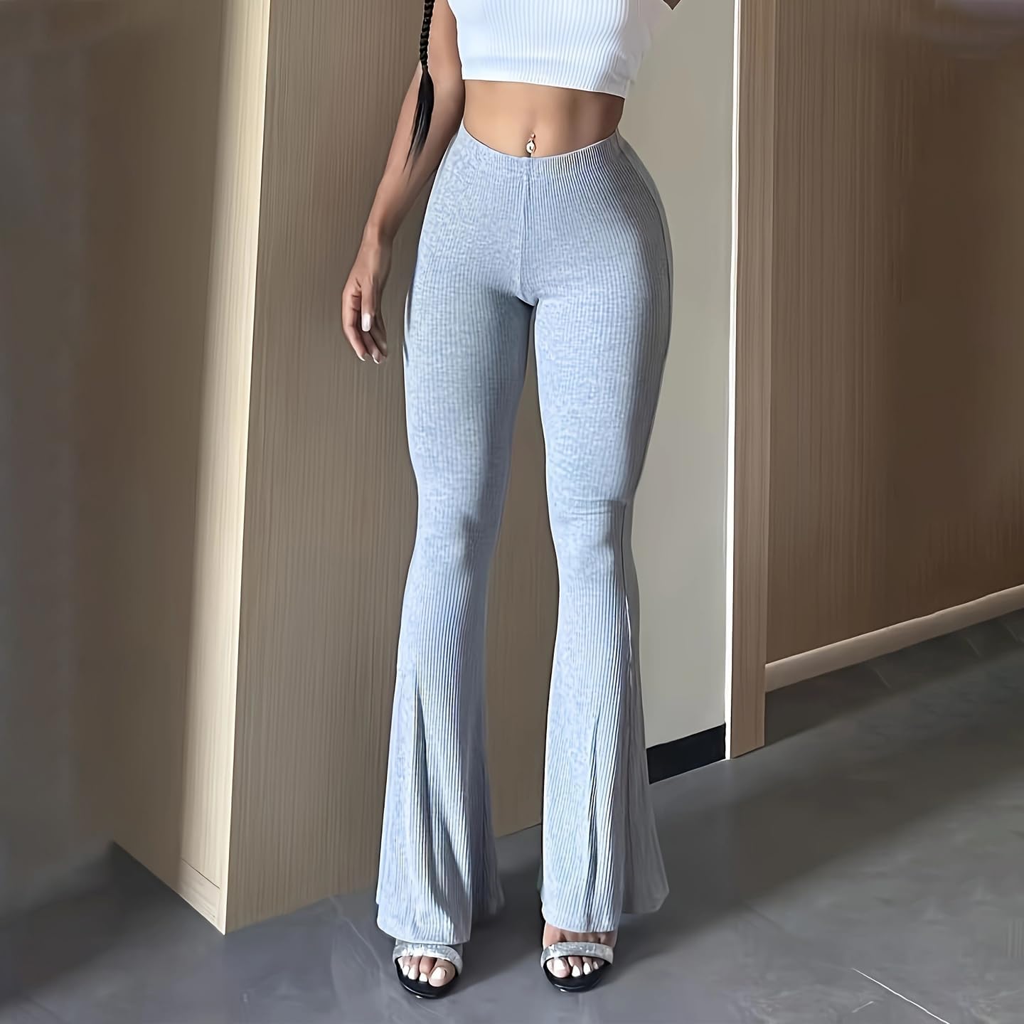 High Rise Ribbed Flare Leggings for Women | Comfy Stretch Knit Bell Bottom Yoga Pants, Long Slacks Trousers - Image 5