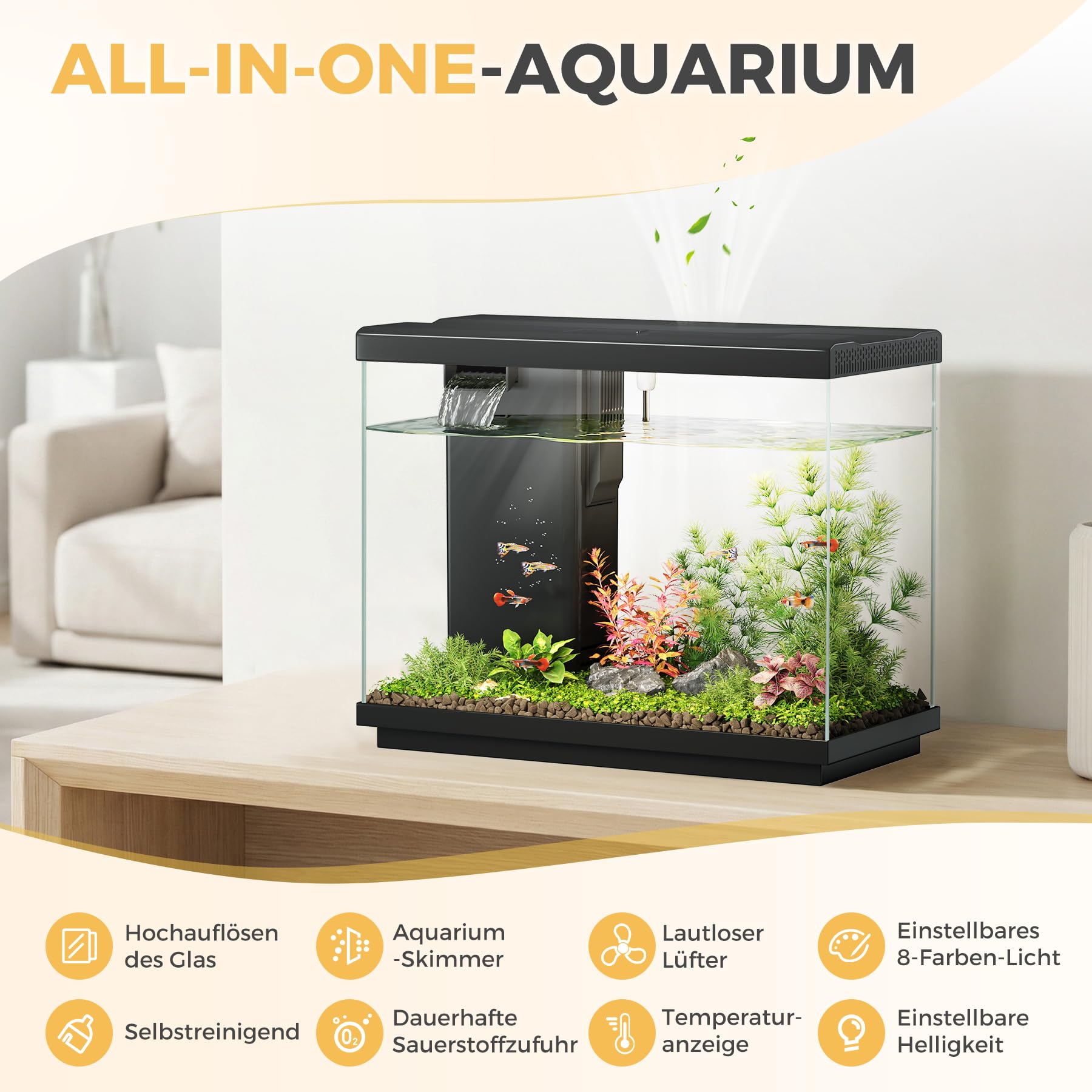 8.3L Kampffisch Aquarium mit 4-in-1 leiser Pumpe & Surface Skimmer, Nano Aquarium Komplettset mit Temperaturanzeige, 8-Farben-Beleuchtung, für Zuhause und Büro (Schwarz, 8.3L)