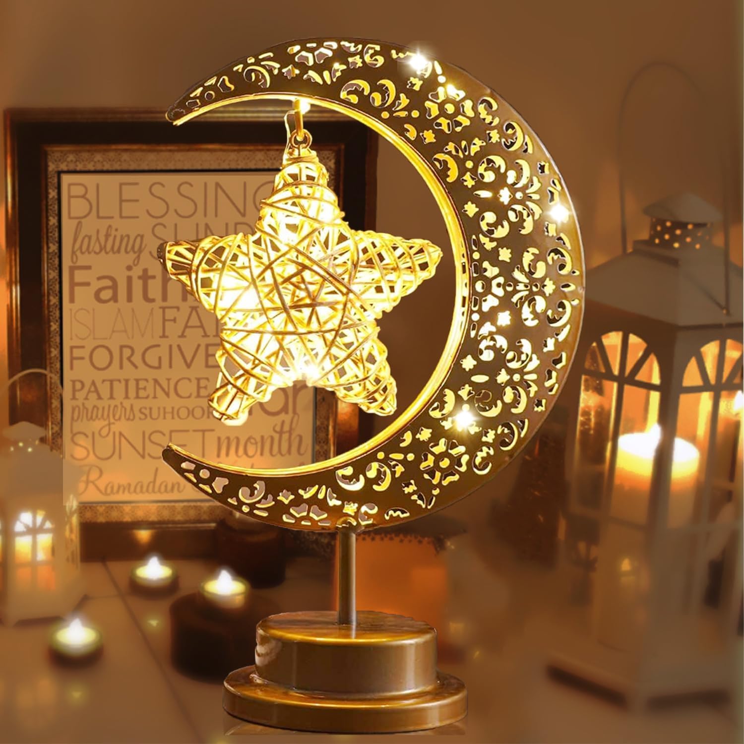 Grelae Ramadan Decorations for Home, Eid Decorations - Crescent Moon and Star Light for Eid, Ramadan Kareem Home Decor, Islamic Festive Lights for Living Room, Bedroom & Party Display