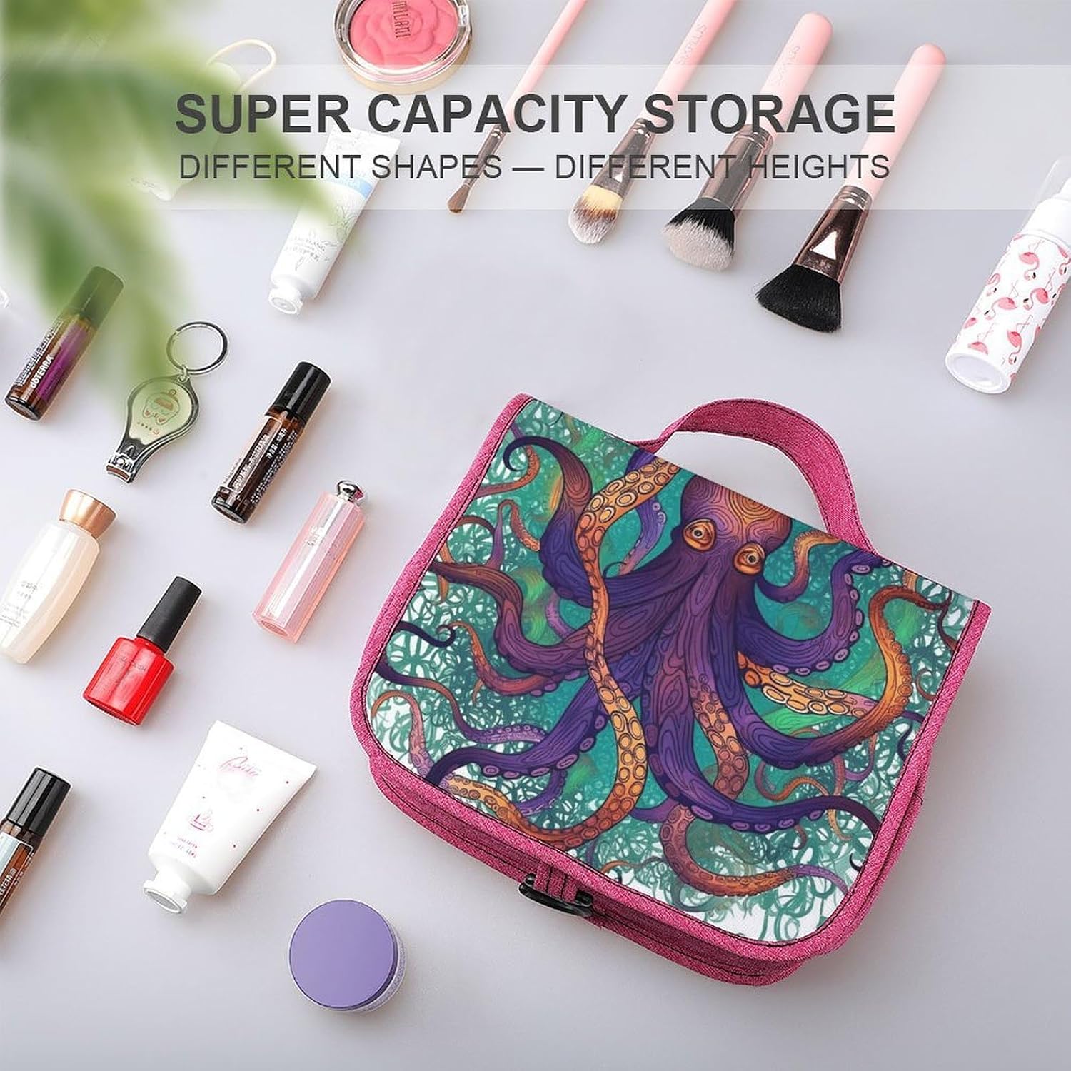 Travel Colorful Octopus Toiletry Bag for Women Portable Hanging Organizer Water-resistant Makeup Cosmetic Bag Travel Organizer for Accessories Cosmetic Bags with Hanging Hook image 4