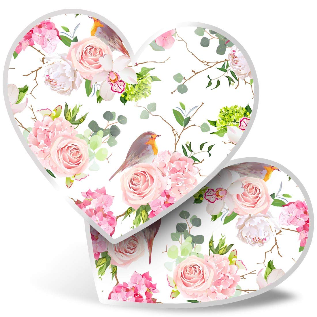 Destination Vinyl Ltd Multi 2 X Heart Stickers 7.5 Cm - Pretty Robin Bird Pink Rose Flower Laptop Tablet Luggage Scrapbook #15920
