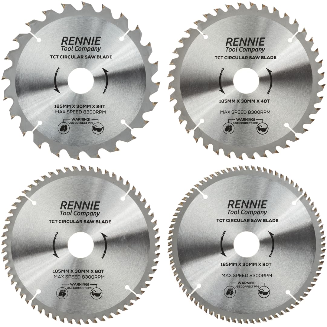 Confezione da 4 lame per sega circolare da 185 mm x 24T 40T 60T 80T TCT x foro 30 mm + anelli di riduzione del foro da 25 mm/20 mm/16 mm, adatte per seghe circolari Evolution Bosch, Makita, Ryobi,